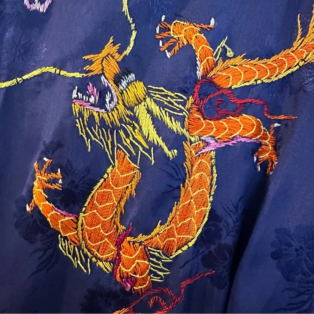Vintage Golden Bee Silk Blue Rayon Embroidered Dragon Kimono Robe Women’s XL
